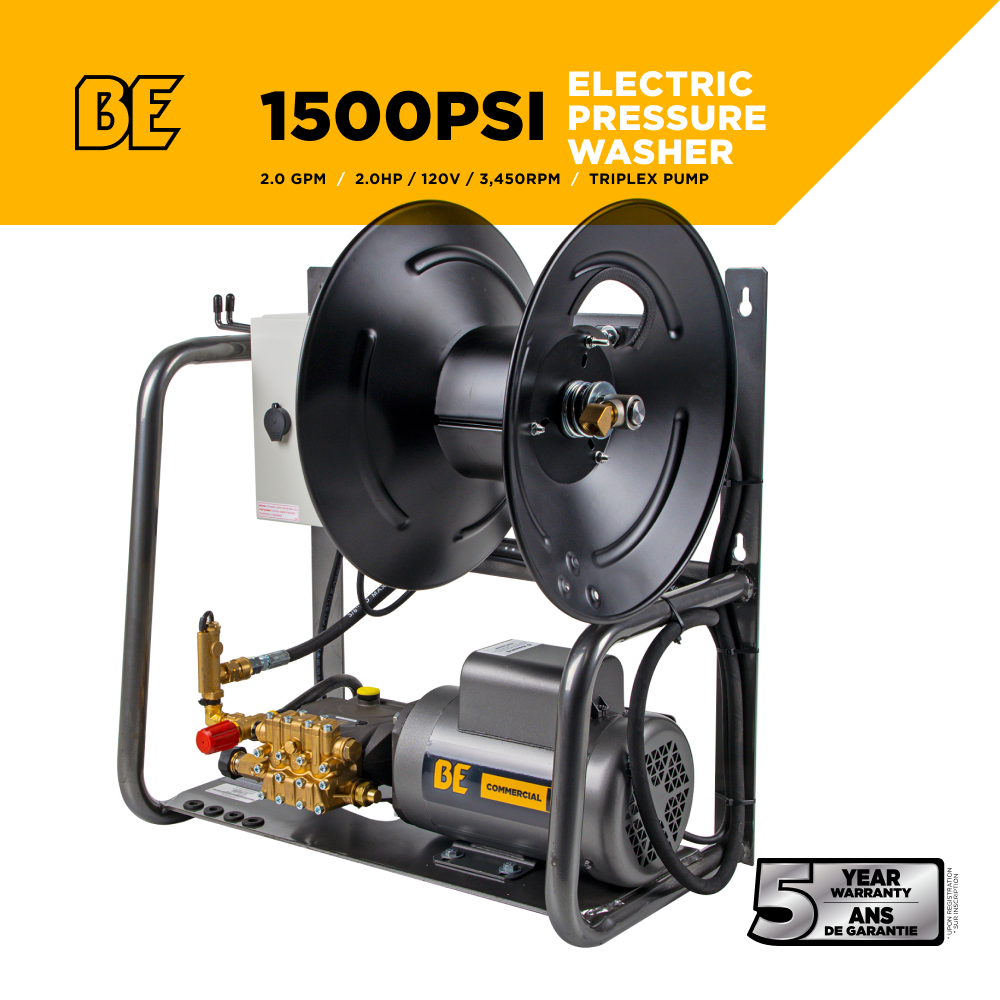 BE Power 1,500 PSI 2.0 GPM 2.0 HP Wall Mount Electric Pressure Washer with a Baldor Motor and General Triplex Pump - X-1520FW1GENH