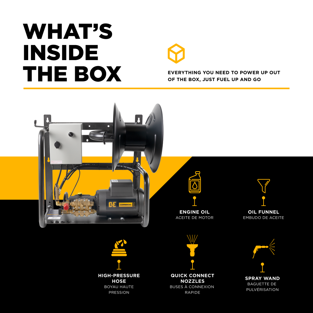 BE Power 1,500 PSI 2.0 GPM 2.0 HP Wall Mount Electric Pressure Washer with a Baldor Motor and General Triplex Pump - X-1520FW1GENH