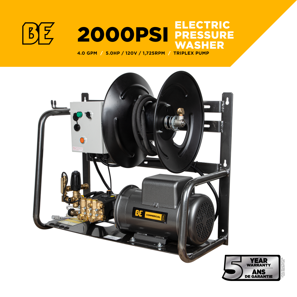 BE Power 2,000 PSI 4.0 GPM 5.0 HP Electric Pressure Washer with Baldor Motor and AR Triplex Pump - X-2050FW1A