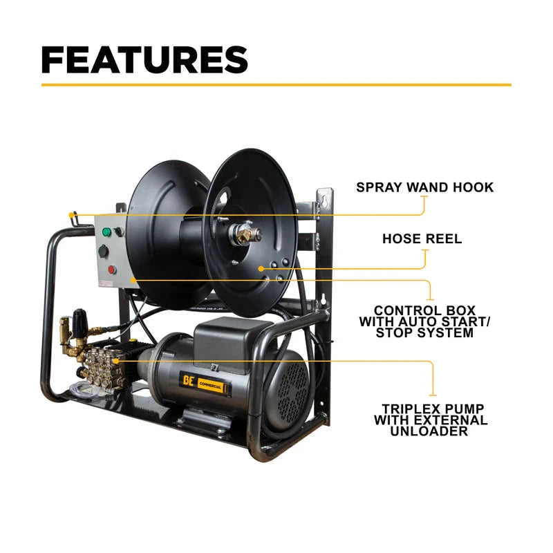 BE Power 2,000 PSI 4.0 GPM 5.0 HP Wall Mount Electric Pressure Washer with a Baldor Motor and General Triplex Pump - X-2050FW1GENHT BE Power Equipment