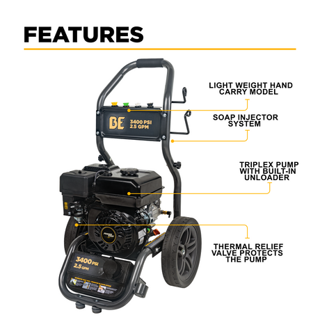 BE Power 3,400 PSI 2.5 GPM Cold Water Gas Pressure Washer - BE3475PX