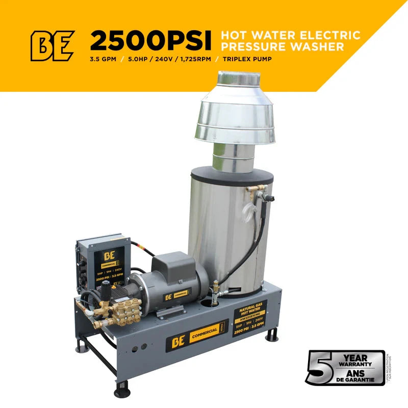 BE Power 2,500 PSI 3.5 GPM 5.0 HP Hot Water Pressure Washer with Baldor Motor and AR Triplex Pump - HW255E3CNG BE Power Equipment