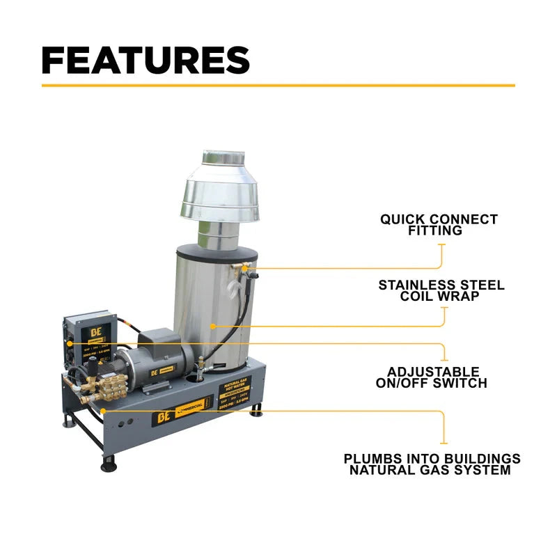 BE Power 2,500 PSI 3.5 GPM 5.0 HP Hot Water Pressure Washer with Baldor Motor and AR Triplex Pump - HW255E3CNG BE Power Equipment