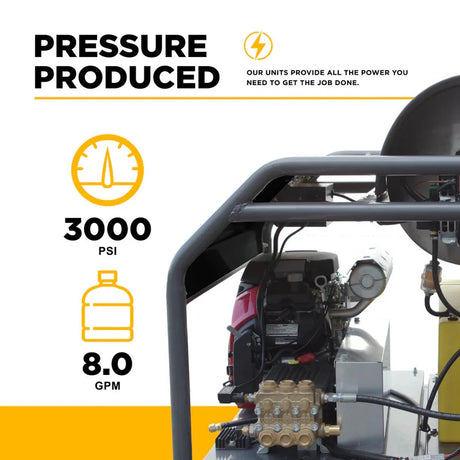 BE Power 3,000PSI 8.0GPM Hot Water Pressure Washer with Honda GX690 Engine and General Triplex Pump - HW3024HG12V BE Power Equipment