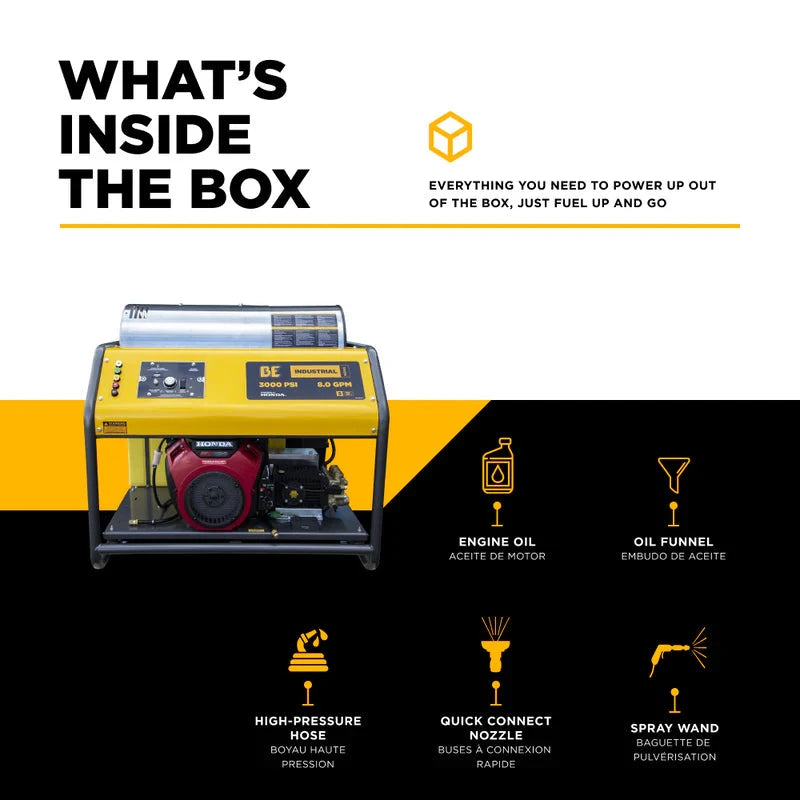 BE Power 3,000PSI 8.0GPM Hot Water Pressure Washer with Honda GX690 Engine and General Triplex Pump - HW3024HG12V BE Power Equipment