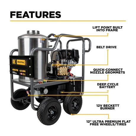 BE Power 4,000 PSI - 4.0 GPM Hot Water Pressure Washer with Honda GX390 Engine and Belt Driven General Triplex Pump - HW4013HBG BE Power Equipment