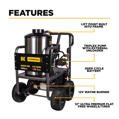 BE Power 4,000 PSI - 4.0 GPM Hot Water Pressure Washer with Honda GX390 Engine and General Triplex Pump - HW4013HG BE Power Equipment