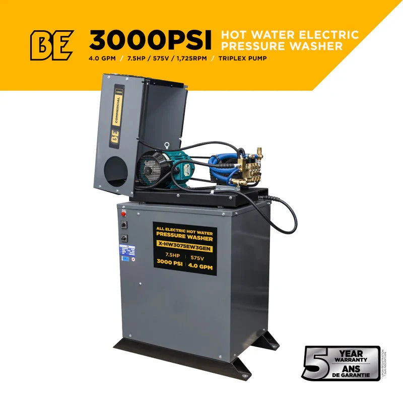 BE Power 3,000 PSI 4.0 GPM 7.5 HP Hot Water Pressure Washer with 7.5HP Motor and General Triplex Pump BE Power Equipment
