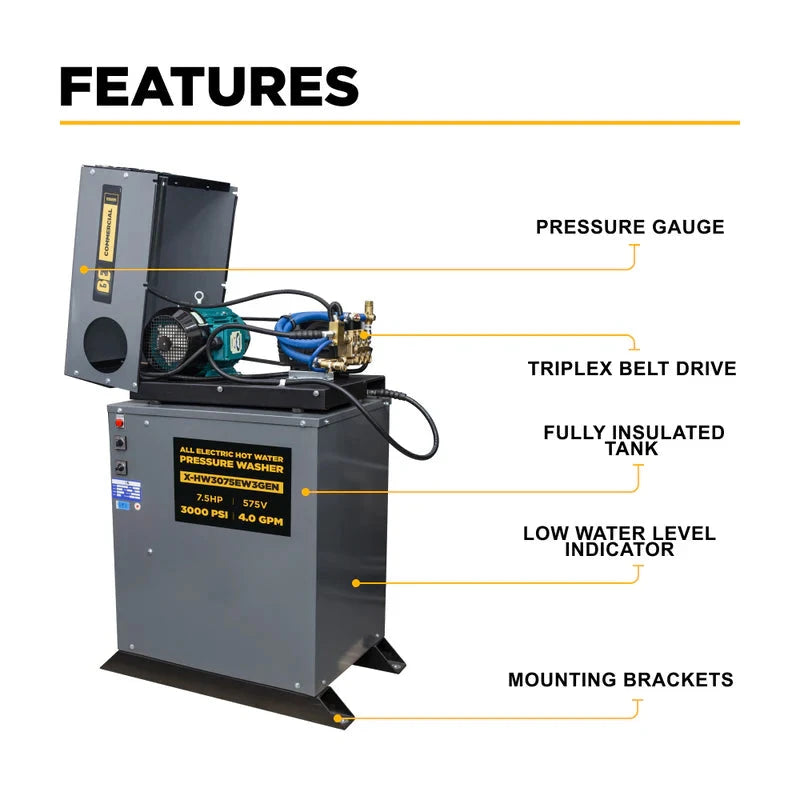 BE Power 3,000 PSI 4.0 GPM 7.5 HP Hot Water Pressure Washer with 7.5HP Motor and General Triplex Pump BE Power Equipment