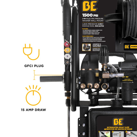 BE Power 1,500 PSI 1.6 GPM 1.5 HP Electric Pressure Washer with Powerease Motor and Triplex Pump - P1515EPNW
