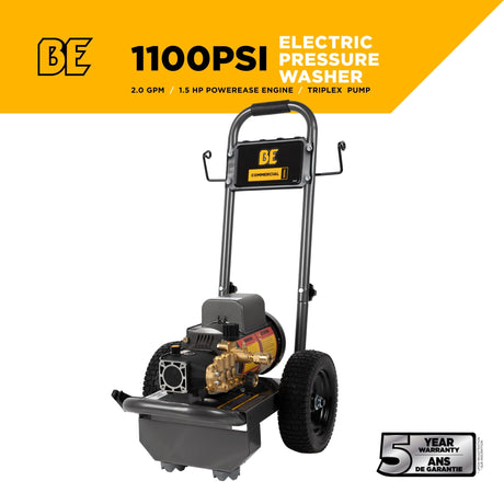 BE Power 1,100 PSI 2.0 GPM 1.5 HP Electric Pressure Washer with Baldor Motor and Triplex Pump - PE-1115EW1A