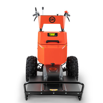 Orange lawn mower with black wheels on a white background