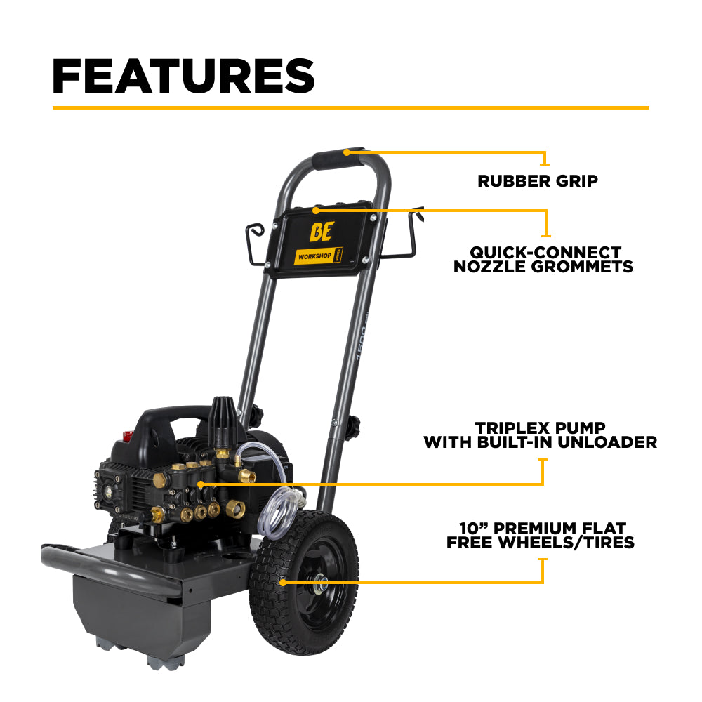 BE Power 1,500 PSI 1.6 GPM 1.5 HP Electric Pressure Washer with Powerease Motor and Triplex Pump - B1515EN
