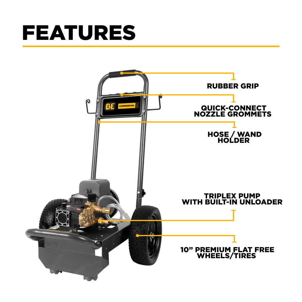 BE Power 1,500 PSI 3.0 GPM 3.0 HP Electric Pressure Washer with Baldor Electric Motor and AR Triplex Pump - B153EA