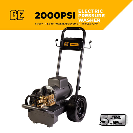 BE Power 2,000 PSI 3.5 GPM 5.0 HP Electric Pressure Washer with Baldor Motor and AR Triplex Pump - B205EA