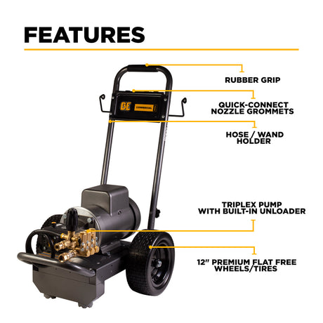 BE Power 2,000 PSI 3.5 GPM 5.0 HP Electric Pressure Washer with Baldor Motor and AR Triplex Pump - B205EA
