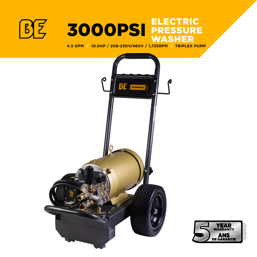 BE Power 3,000 PSI 4.5 GPM 10 HP Electric Pressure Washer with Baldor Motor and AR Triplex Pump - B3010E34AHE