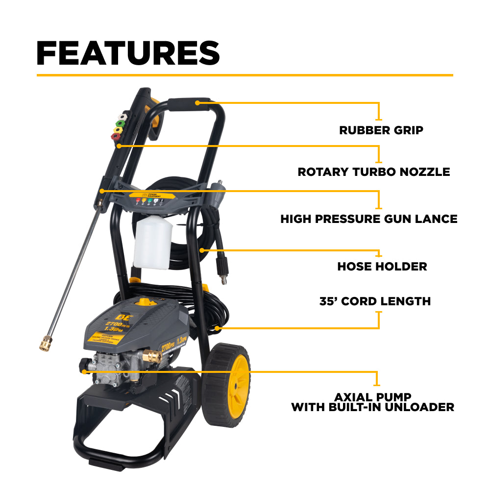 BE Power 2,700 PSI 1.3 GPM Electric Pressure Washer with AR Axial Pump - P2713EN