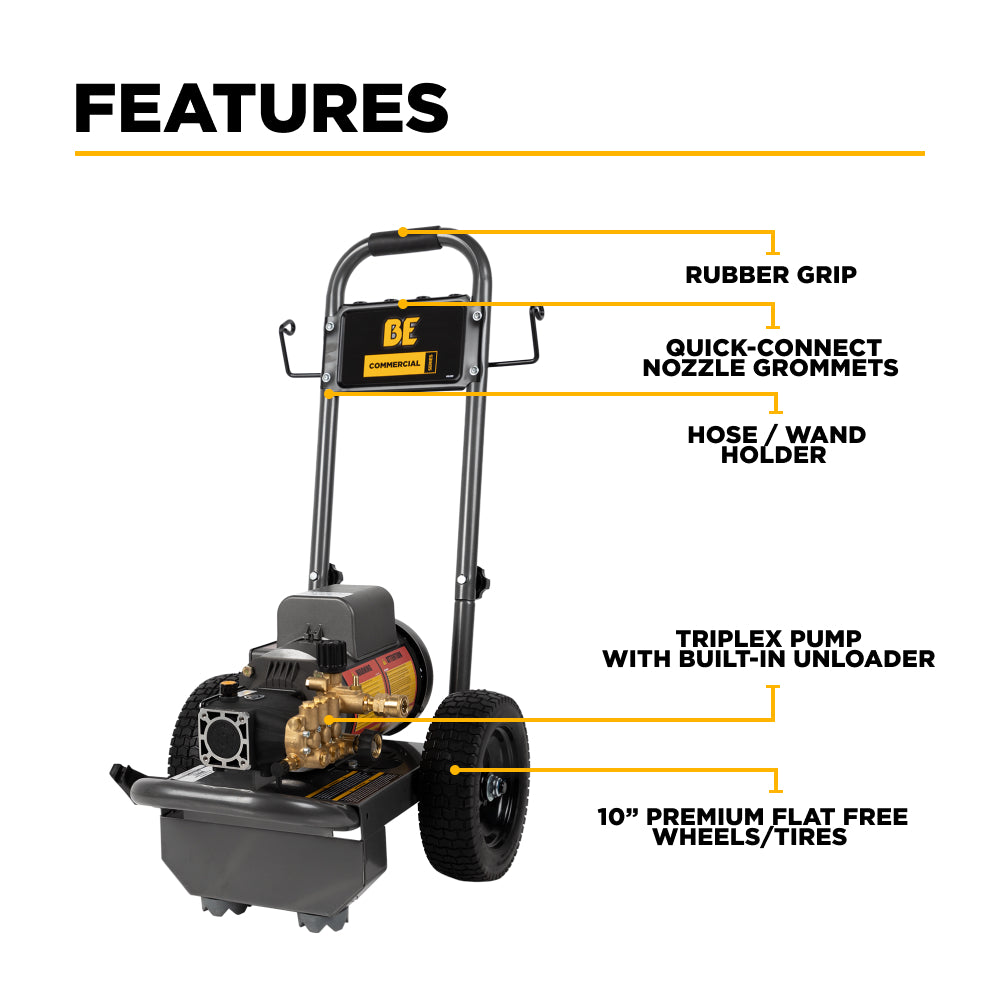 BE Power 1,100 PSI 2.0 GPM 1.5 HP Electric Pressure Washer with Baldor Motor and Triplex Pump - PE-1115EW1A