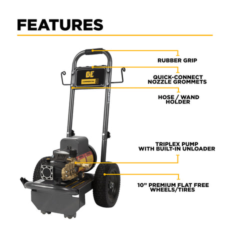 BE Power 1,500 PSI 2.0 GPM Electric Pressure Washer with Baldor Motor and AR Triplex Pump - PE-1520EW1A