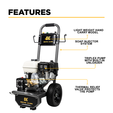 BE Power 3,800 PSI 2.5 GPM Cold Water Gas Pressure Washer - B3865HA