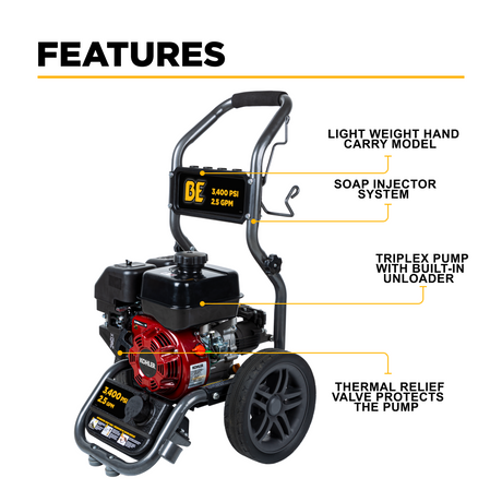 BE Power 3,400 PSI 2.5 GPM Cold Water Gas Pressure Washer - BE3465KX