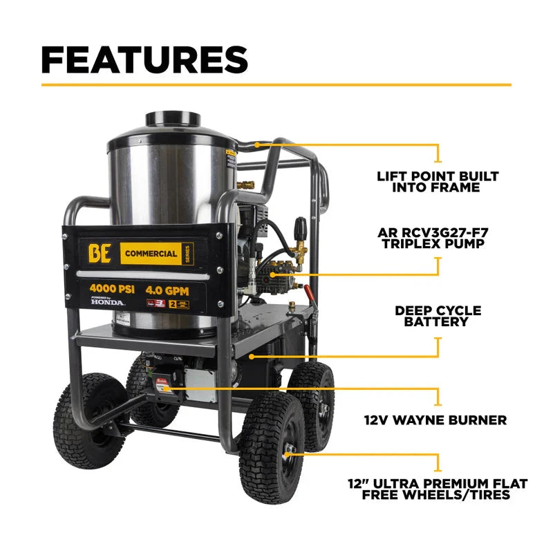 BE Power 4,000 PSI - 4.0 GPM Hot Water Pressure Washer with Honda GX390 Engine and Comet Triplex Pump - HW4013HC BE Power Equipment