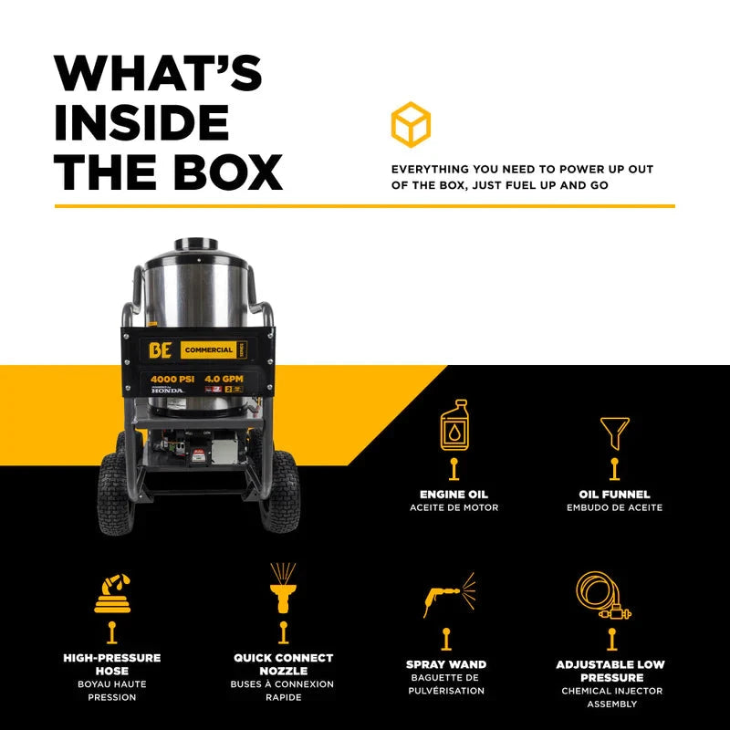BE Power 4,000 PSI - 4.0 GPM Hot Water Pressure Washer with Honda GX390 Engine and Comet Triplex Pump - HW4013HC BE Power Equipment