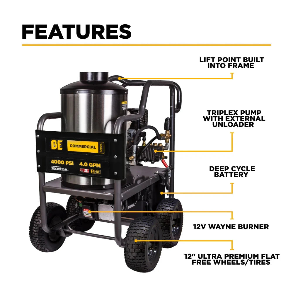 BE Power 4,000 PSI - 4.0 GPM Hot Water Pressure Washer with Honda GX390 Engine and General Triplex Pump - HW4013HG BE Power Equipment