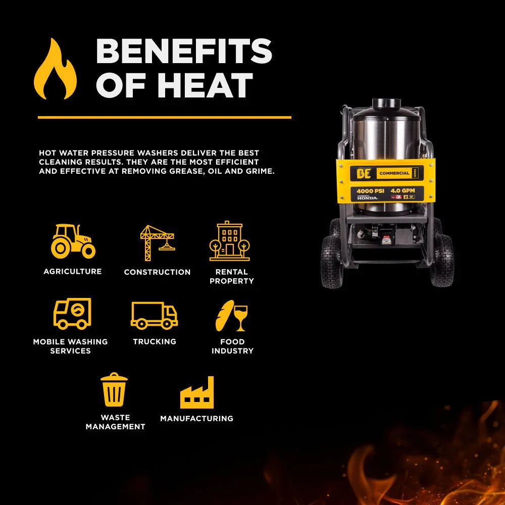 BE Power 4,000 PSI - 4.0 GPM Hot Water Pressure Washer with Honda GX390 Engine and General Triplex Pump - HW4013HG BE Power Equipment