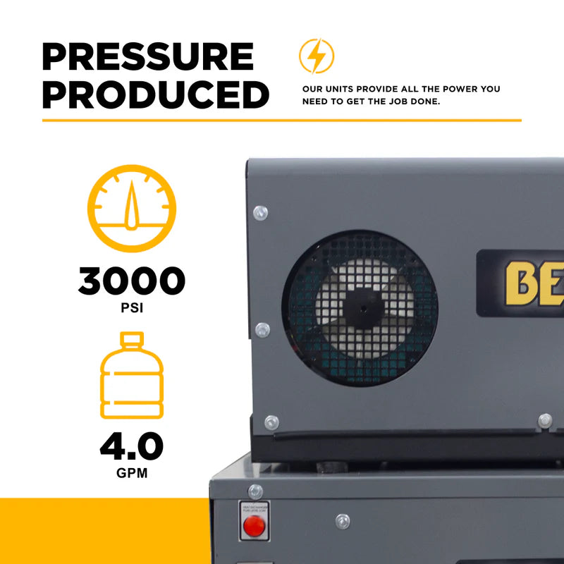 BE Power 3,000 PSI 4.0 GPM 7.5 HP Hot Water Pressure Washer with 7.5HP Motor and General Triplex Pump