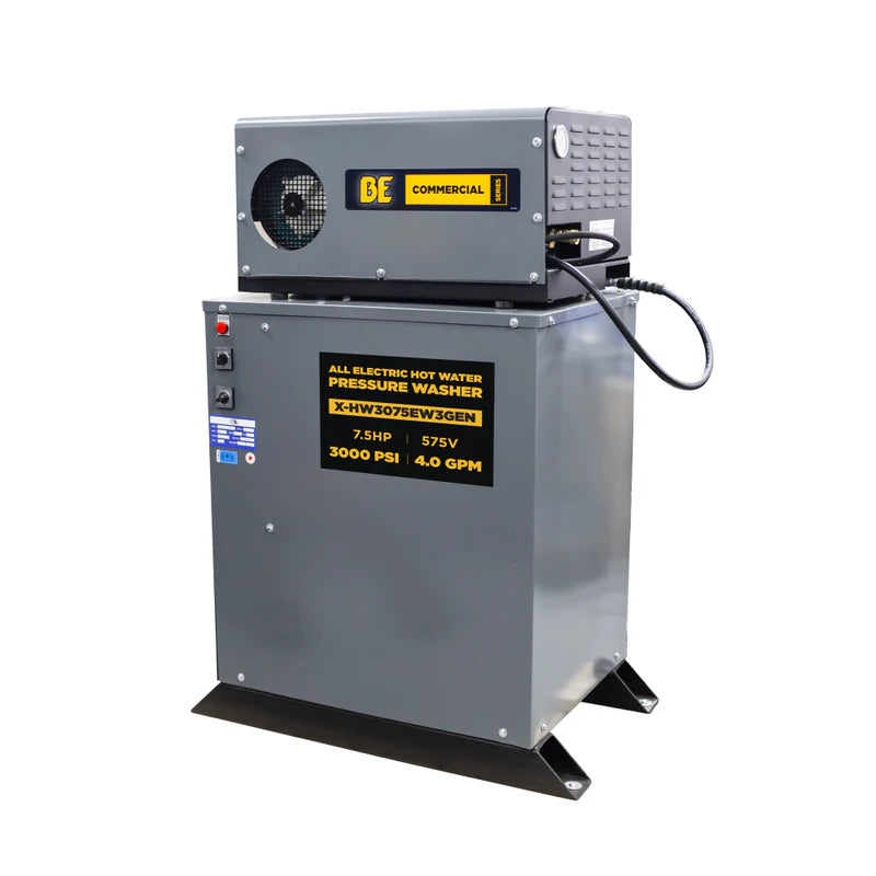 BE Power 3,000 PSI 4.0 GPM 7.5 HP Hot Water Pressure Washer with 7.5HP Motor and General Triplex Pump