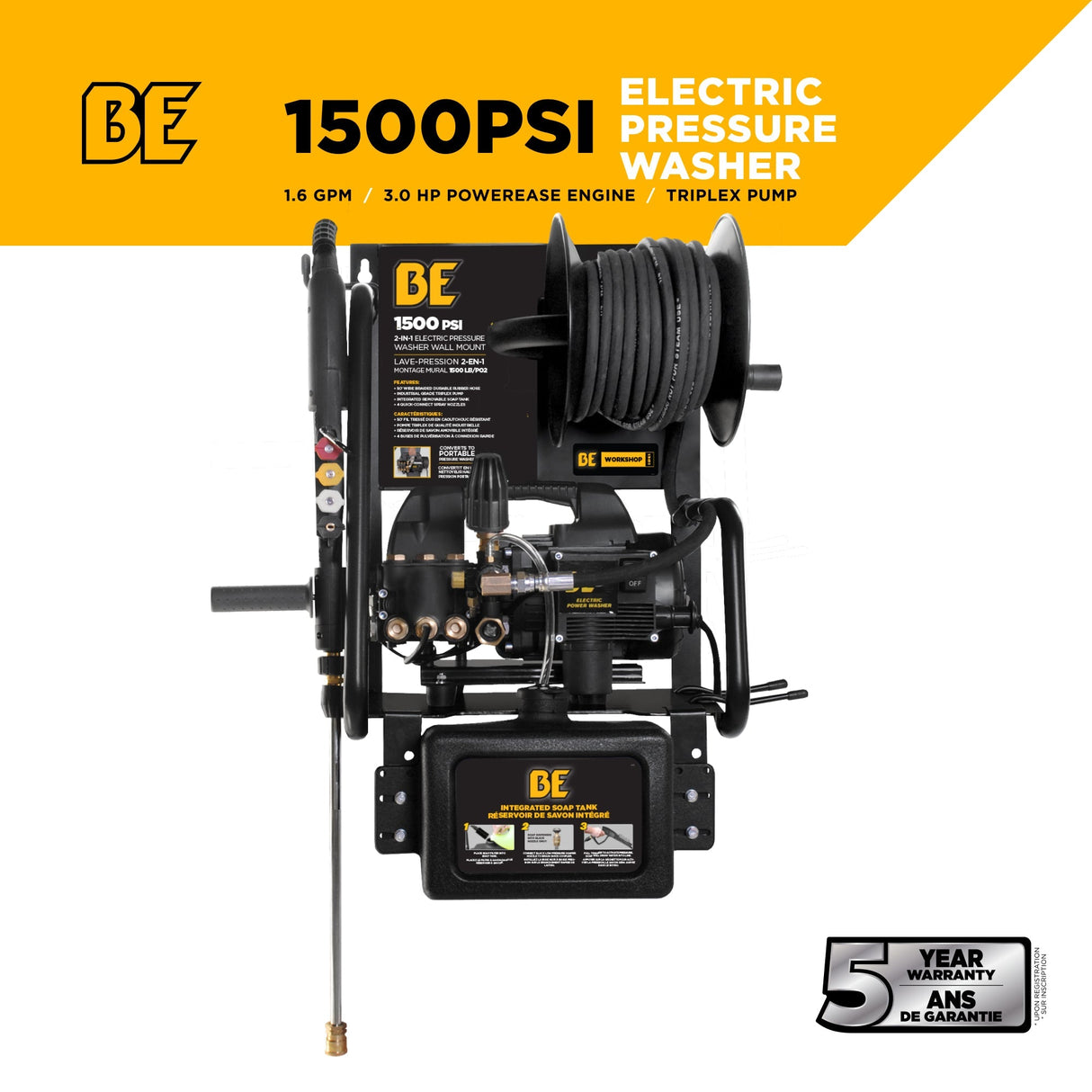 BE Power 1,500 PSI 1.6 GPM 1.5 HP Electric Pressure Washer with Powerease Motor and Triplex Pump - P1515EPNW