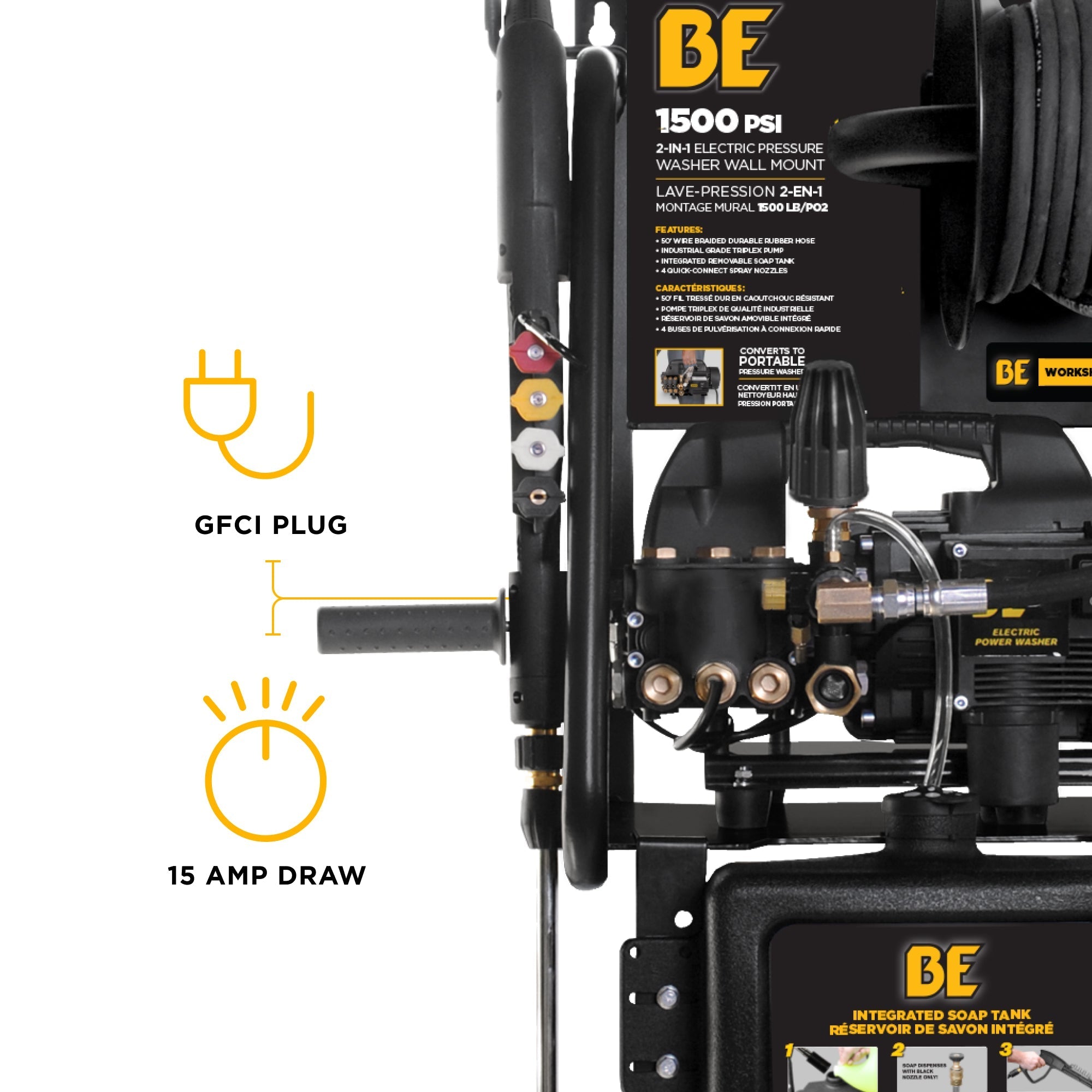 BE Power 1,500 PSI 1.6 GPM 1.5 HP Electric Pressure Washer with Powerease Motor and Triplex Pump - P1515EPNW