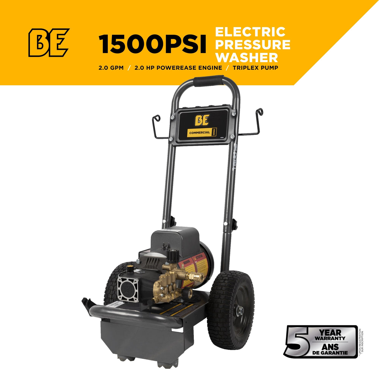 BE Power 1,500 PSI 2.0 GPM Electric Pressure Washer with Baldor Motor and AR Triplex Pump - PE-1520EW1A