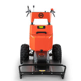 Orange lawn mower with black wheels on a white background