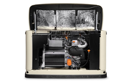 Generator with open cover showing internal components on a white background