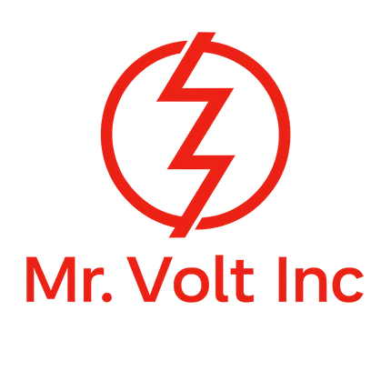 Logo of Mr. Volt Inc with a red lightning bolt symbol on a white background