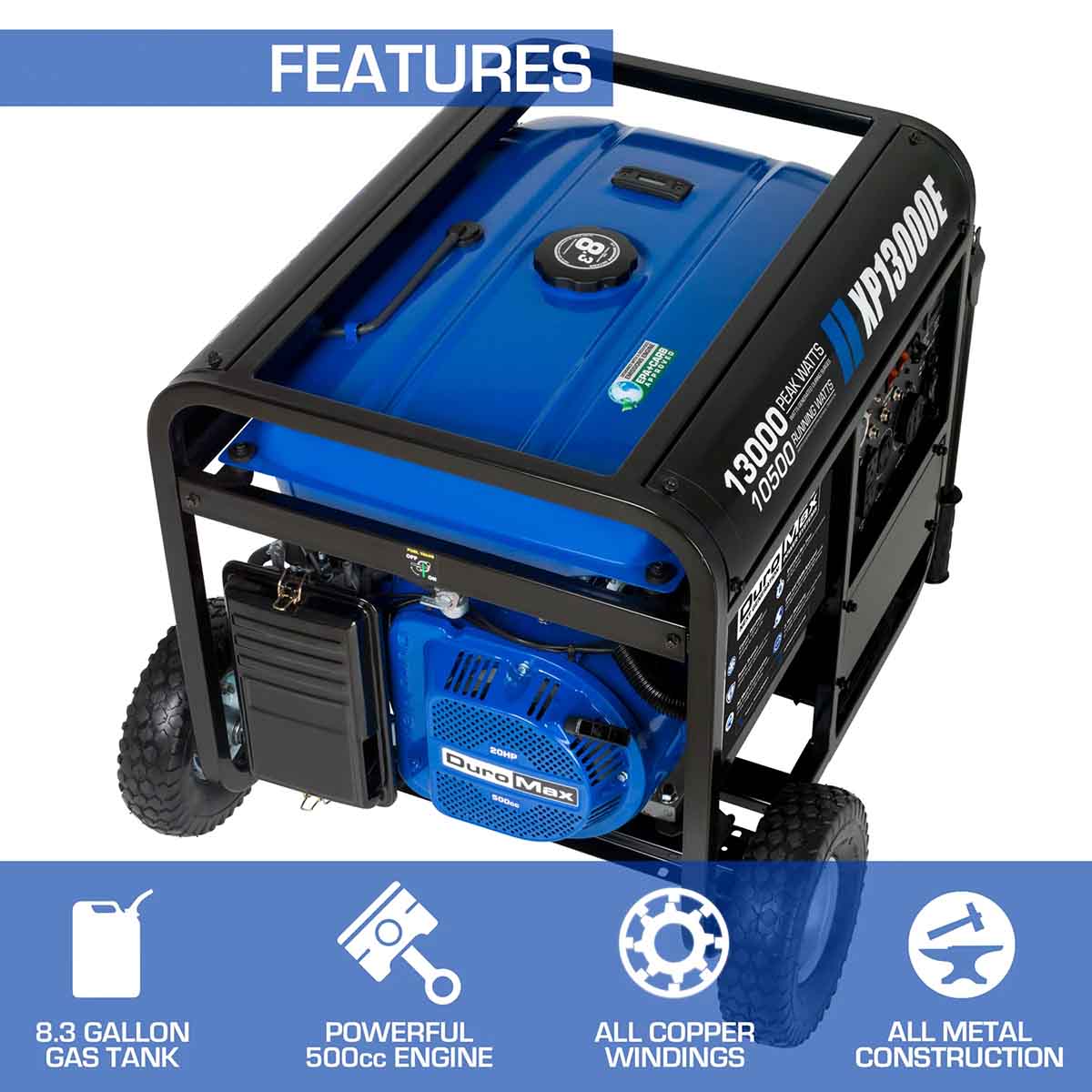 DuroMax XP13000E Portable Generator – 10,500 Running Watts / 13,000 Starting Watts, Gas Powered, Electric Start