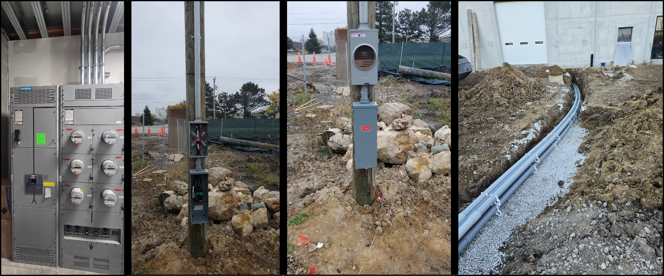 Collage of five different images including electrical panels, a utility pole, a construction site, and a concrete floor.