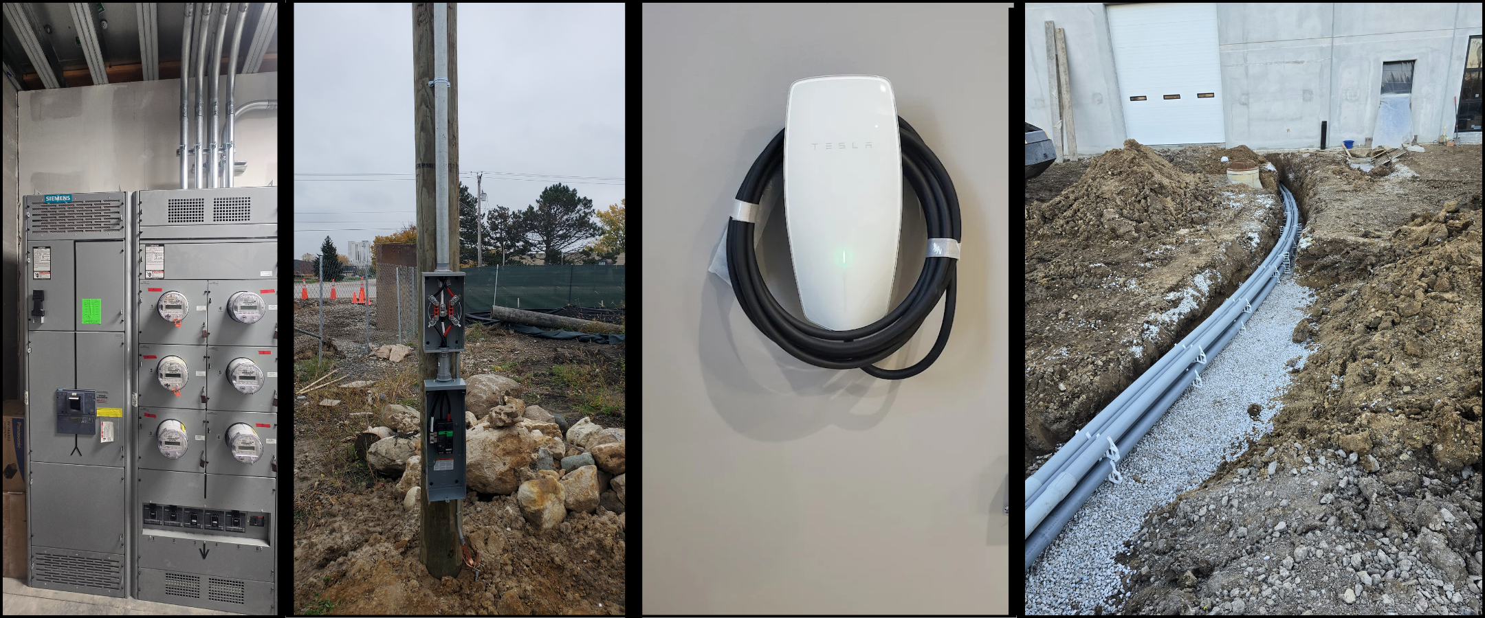 Collage of four images showing electrical panels, underground cables, an electric vehicle charging station, and a construction site.