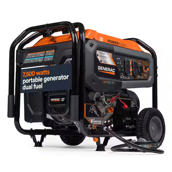 Generac GP7500 DF 49ST CO Portable Generator with Electric/Pull Start, Gasoline/LP, 7500/6800W Rated