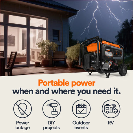 Portable generator in front of a house with lightning in the background, emphasizing portable power solutions.