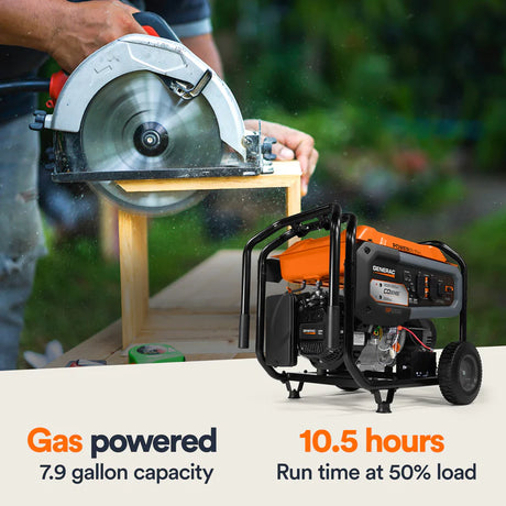 Gas-powered generator with circular saw and person cutting wood in the background